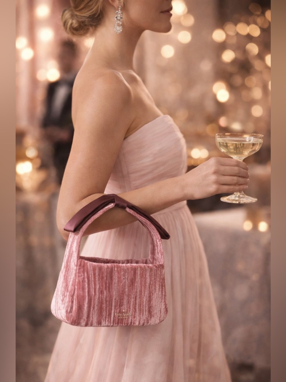 Kate Spade Crushed Velvet‎ Baguette Pomegranate Pink Handbag With Bow MSRP $329